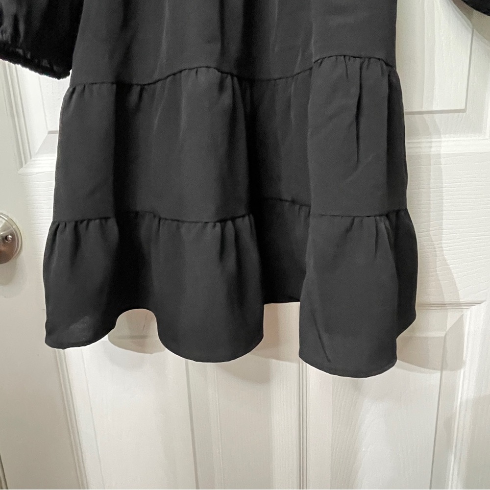Nine. Eight New York Black Tie Neck Smocked Waist Tiered Mini Dress Medium - Picture 5 of 9